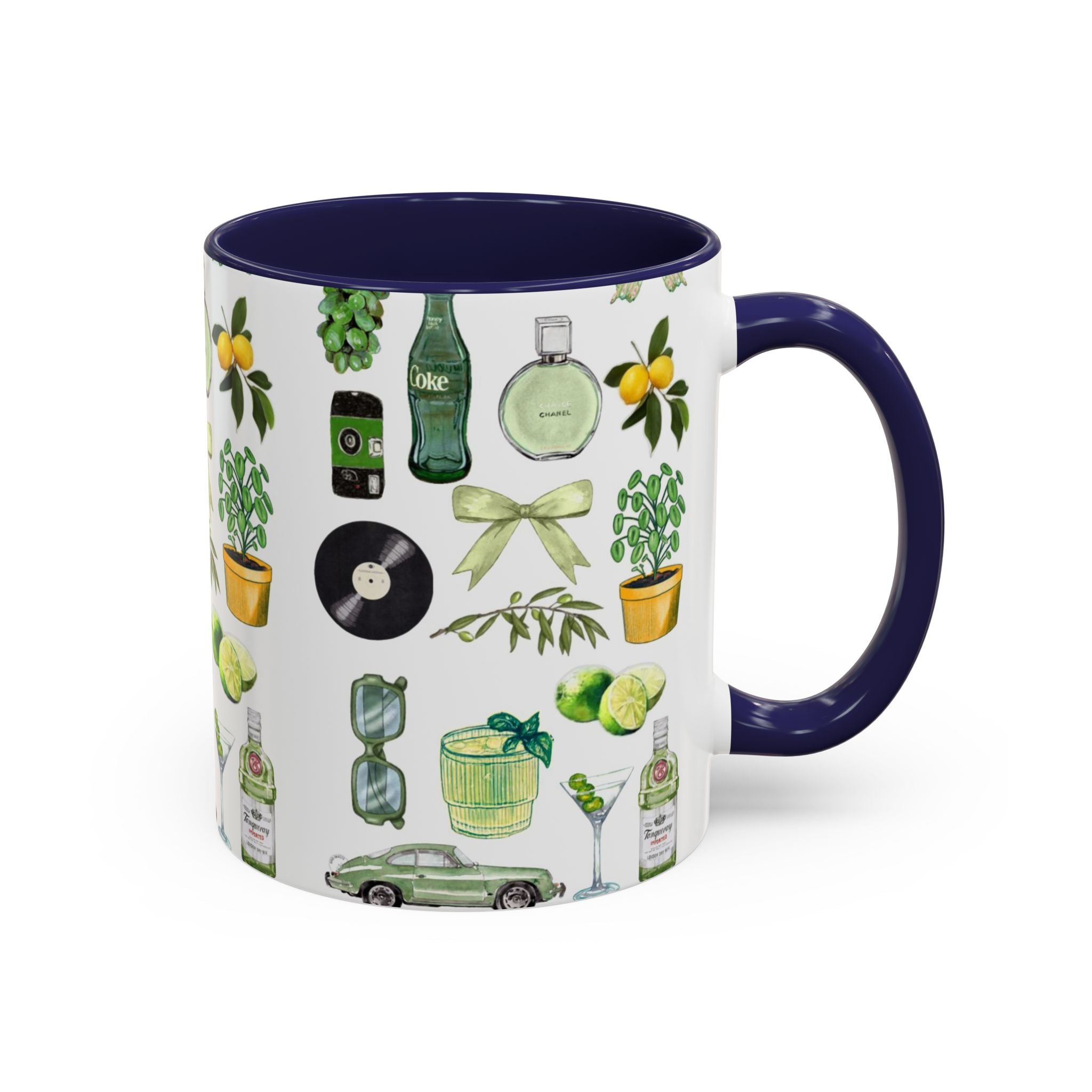 Green Aesthetic Accent Coffee Mug — Botanical & Retro Icons Pattern (11/15oz)