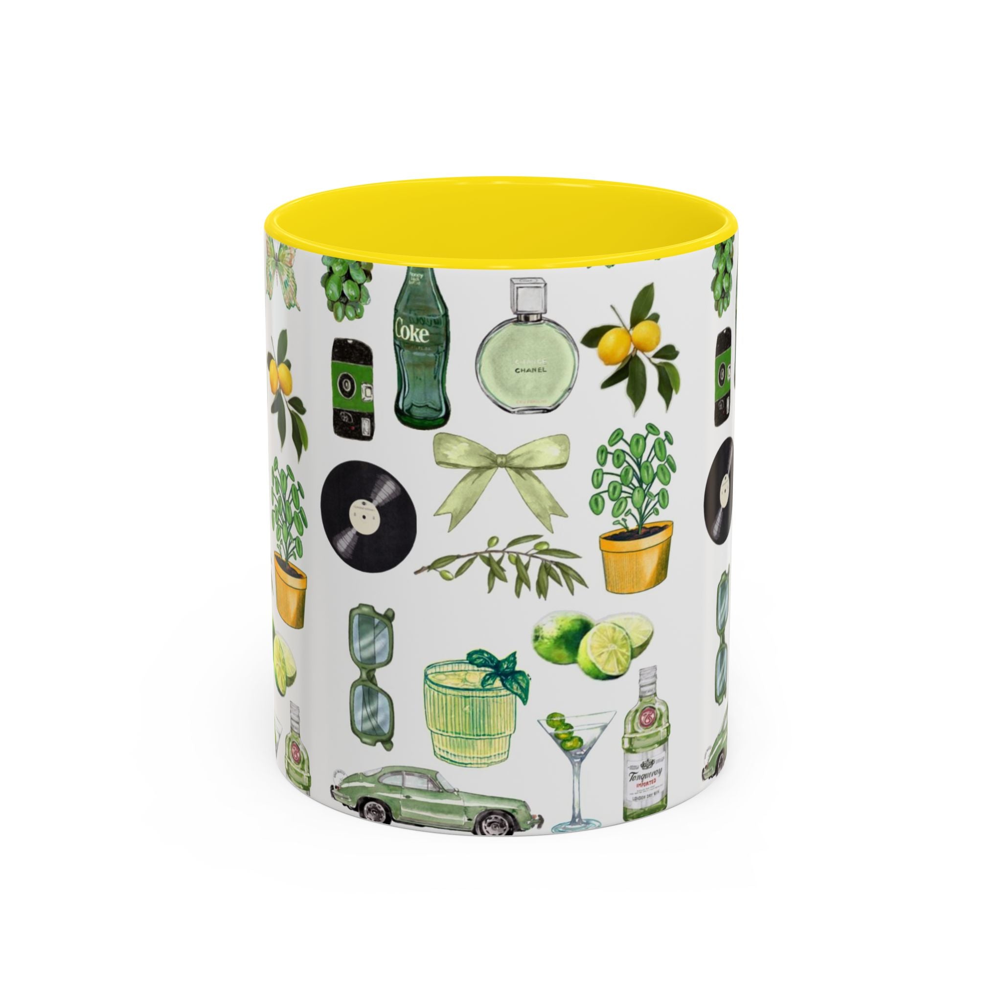 Green Aesthetic Accent Coffee Mug — Botanical & Retro Icons Pattern (11/15oz)