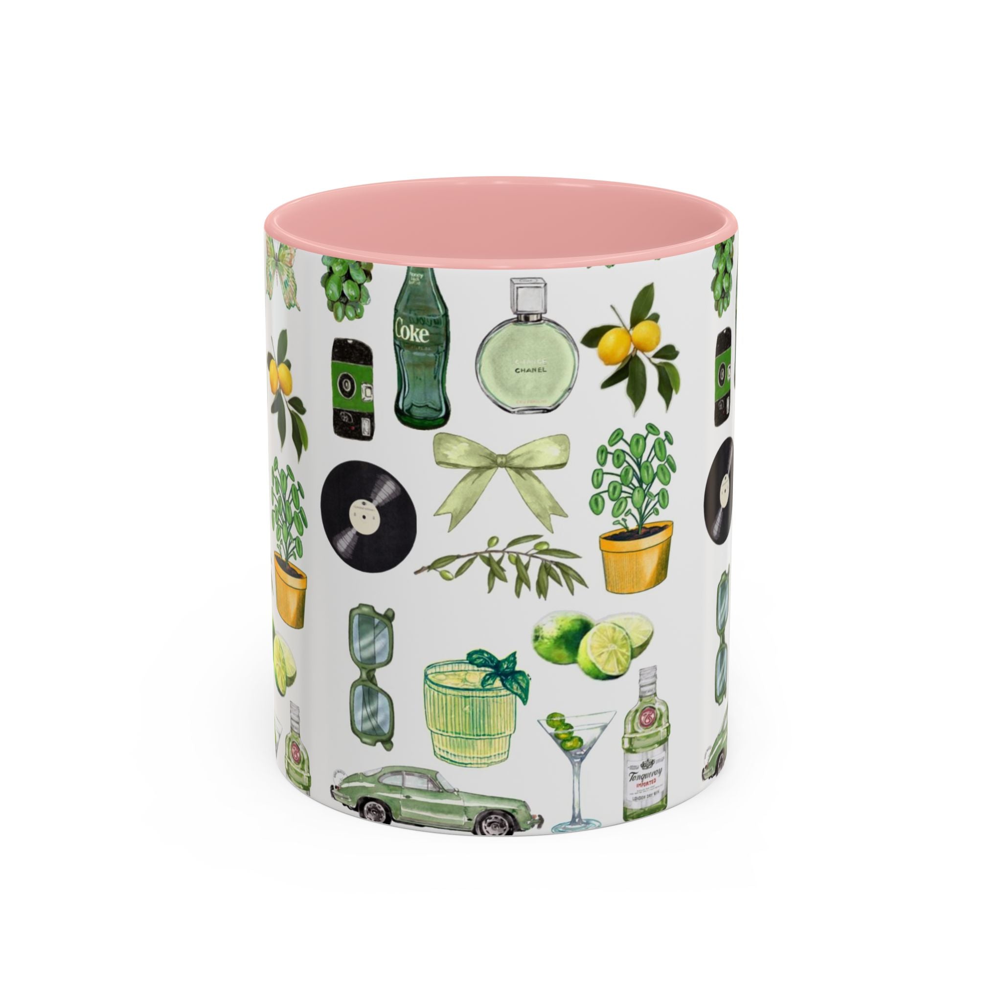 Green Aesthetic Accent Coffee Mug — Botanical & Retro Icons Pattern (11/15oz)