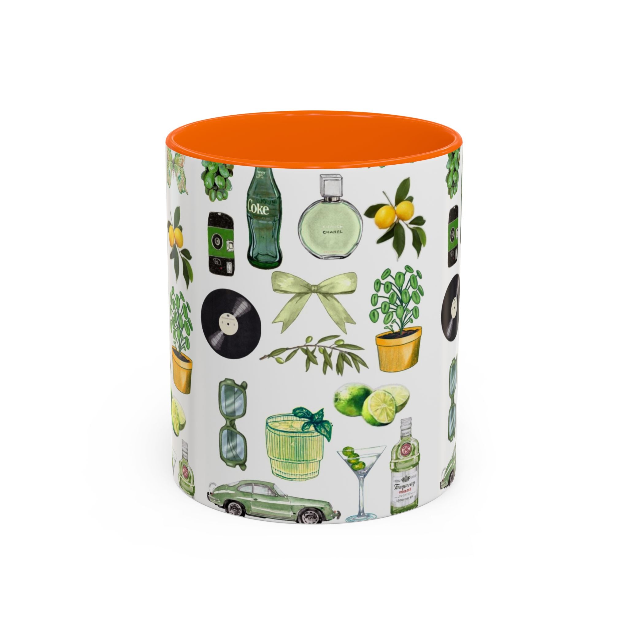 Green Aesthetic Accent Coffee Mug — Botanical & Retro Icons Pattern (11/15oz)