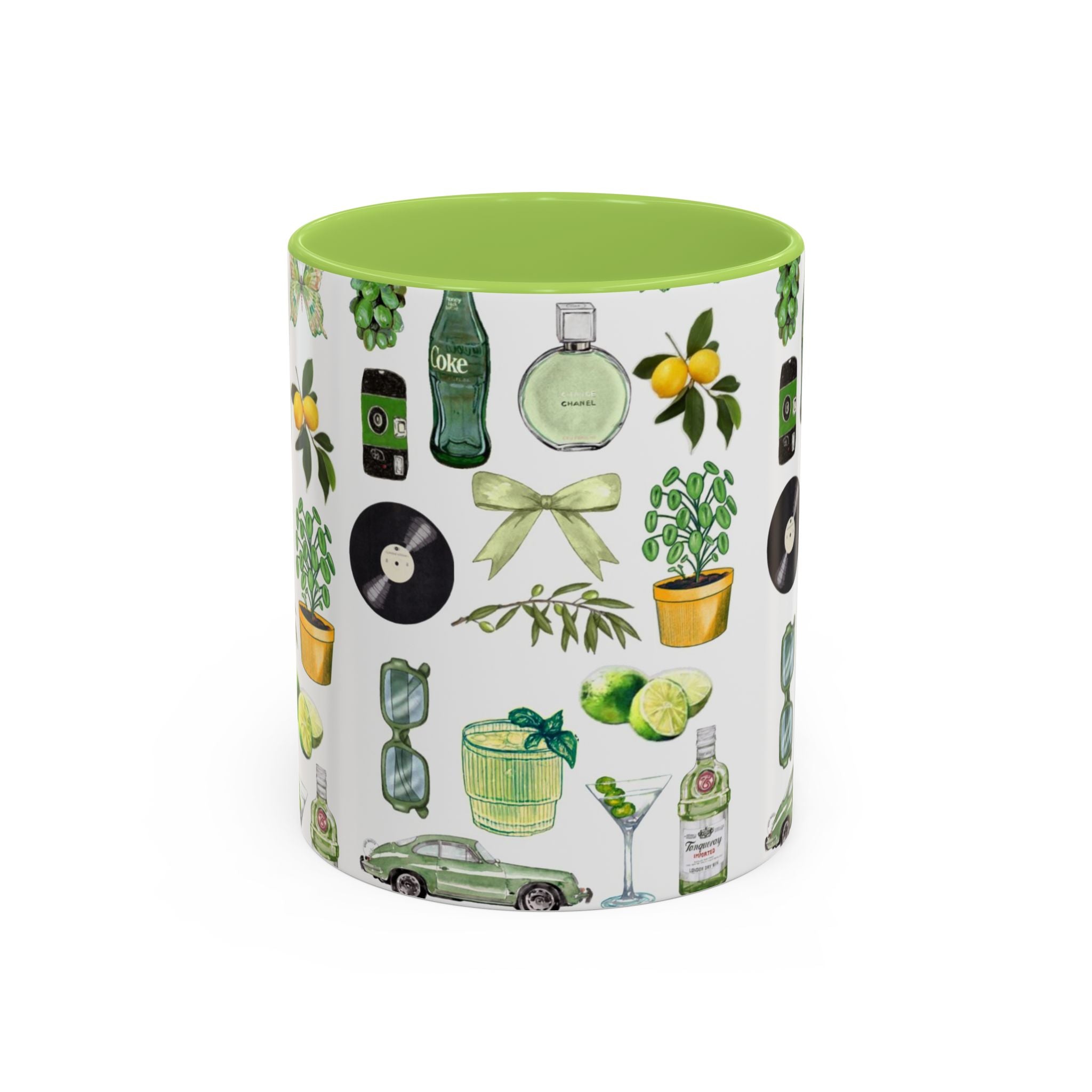 Green Aesthetic Accent Coffee Mug — Botanical & Retro Icons Pattern (11/15oz)