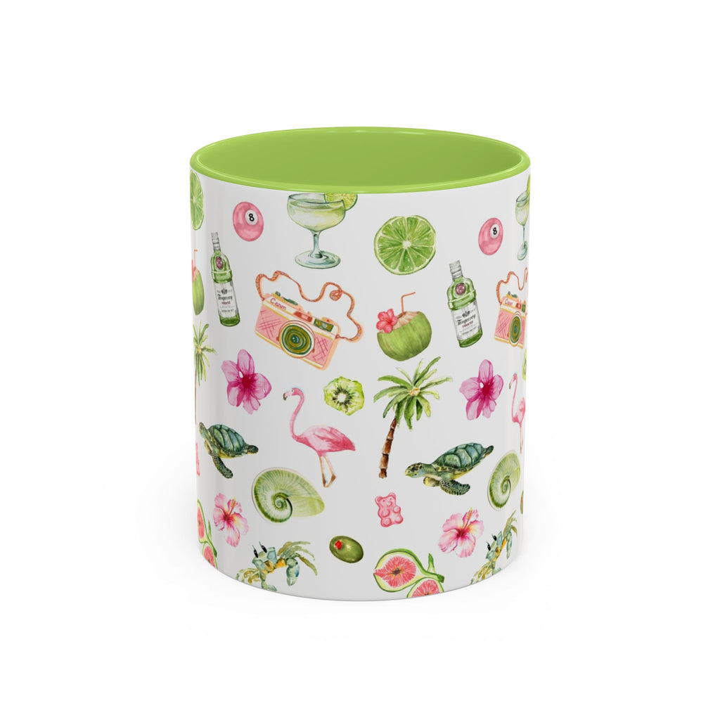 Tropical Pattern Coffee Mug — Flamingo, Palm & Lime Accent Mug (11/15oz)