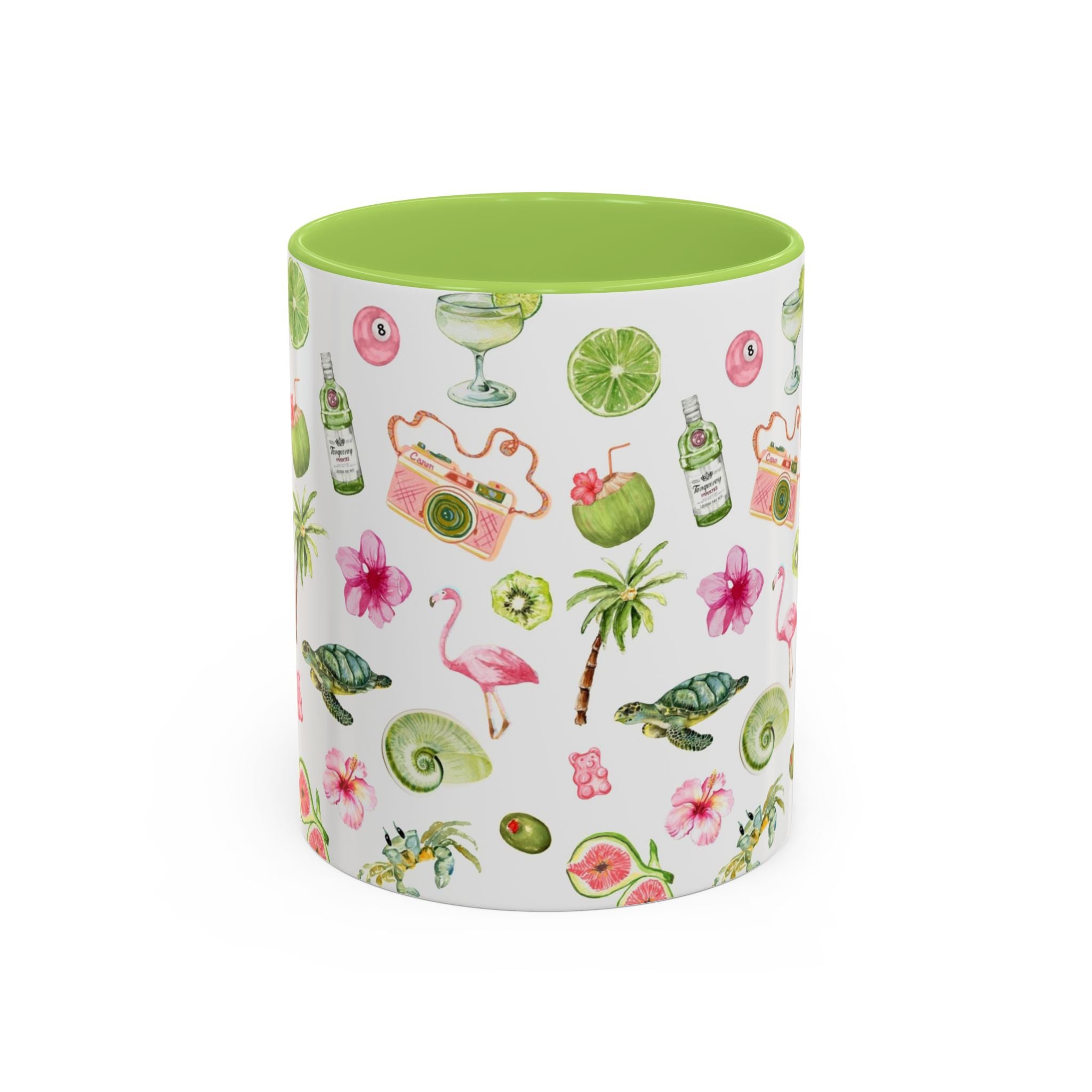 Tropical Pattern Coffee Mug — Flamingo, Palm & Lime Accent Mug (11/15oz)