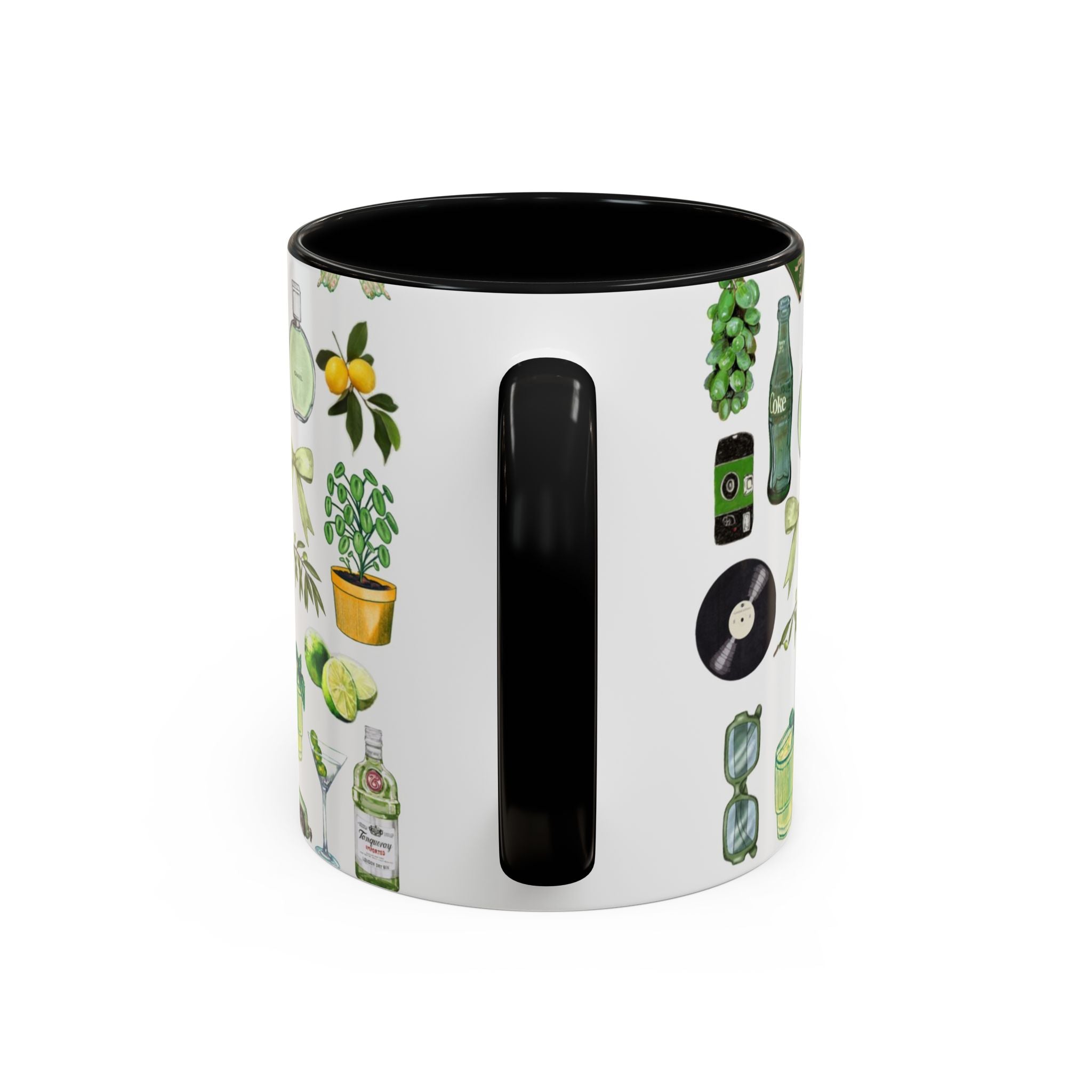 Green Aesthetic Accent Coffee Mug — Botanical & Retro Icons Pattern (11/15oz)