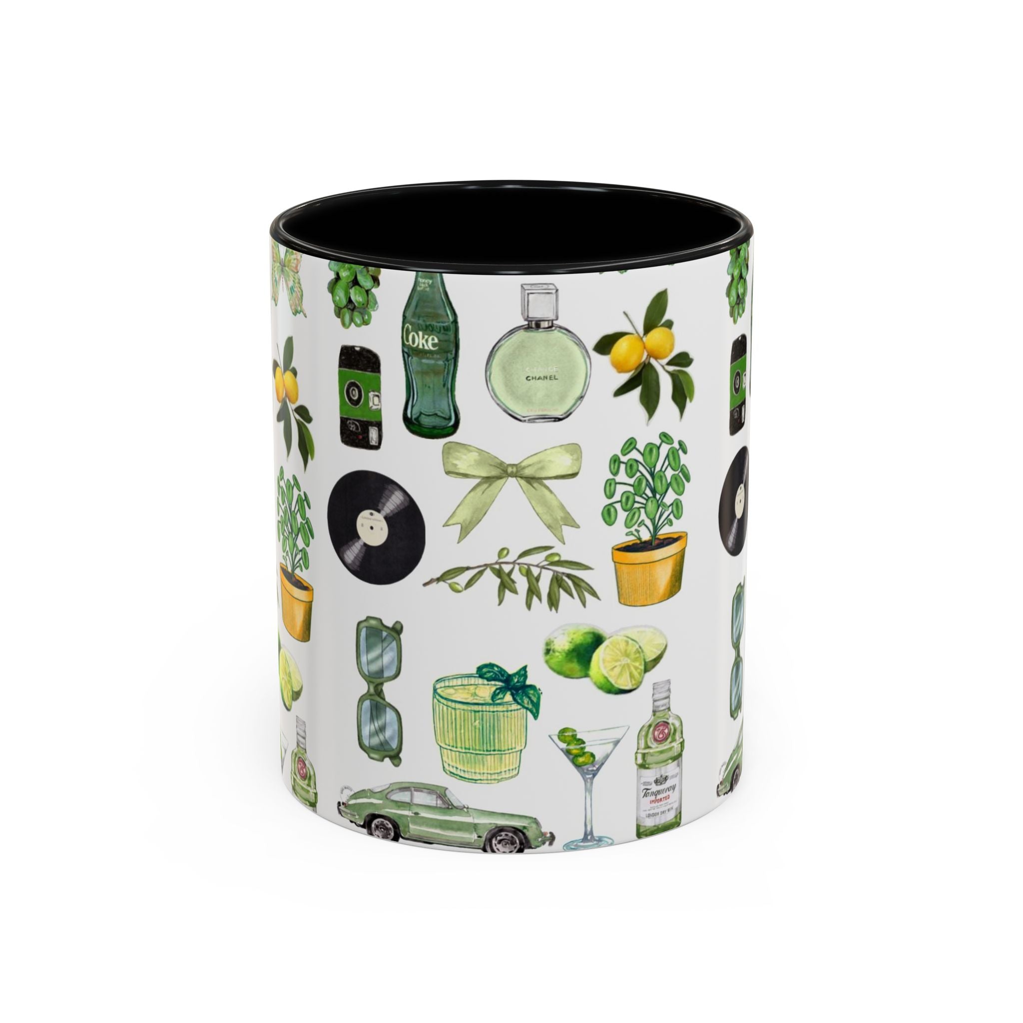 Green Aesthetic Accent Coffee Mug — Botanical & Retro Icons Pattern (11/15oz)