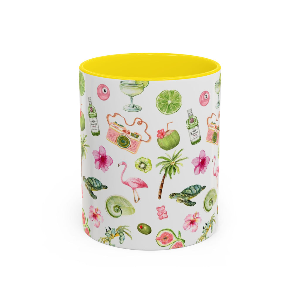 Tropical Pattern Coffee Mug — Flamingo, Palm & Lime Accent Mug (11/15oz)