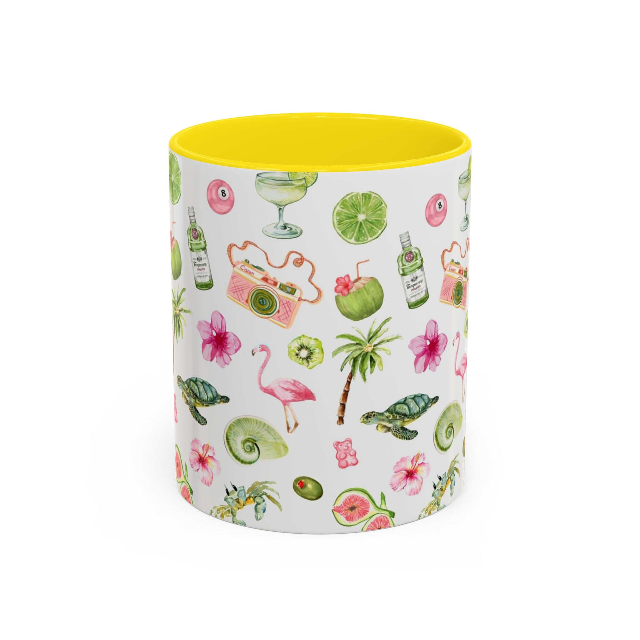 Tropical Pattern Coffee Mug — Flamingo, Palm & Lime Accent Mug (11/15oz)
