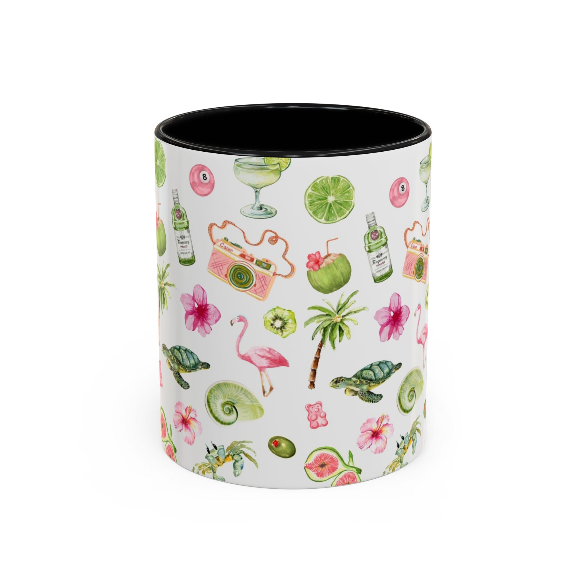 Tropical Pattern Coffee Mug — Flamingo, Palm & Lime Accent Mug (11/15oz)