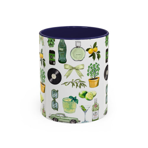Green Aesthetic Accent Coffee Mug — Botanical & Retro Icons Pattern (11/15oz)