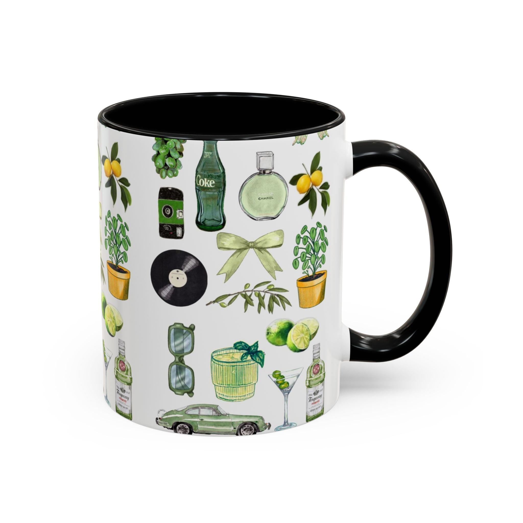 Green Aesthetic Accent Coffee Mug — Botanical & Retro Icons Pattern (11/15oz)
