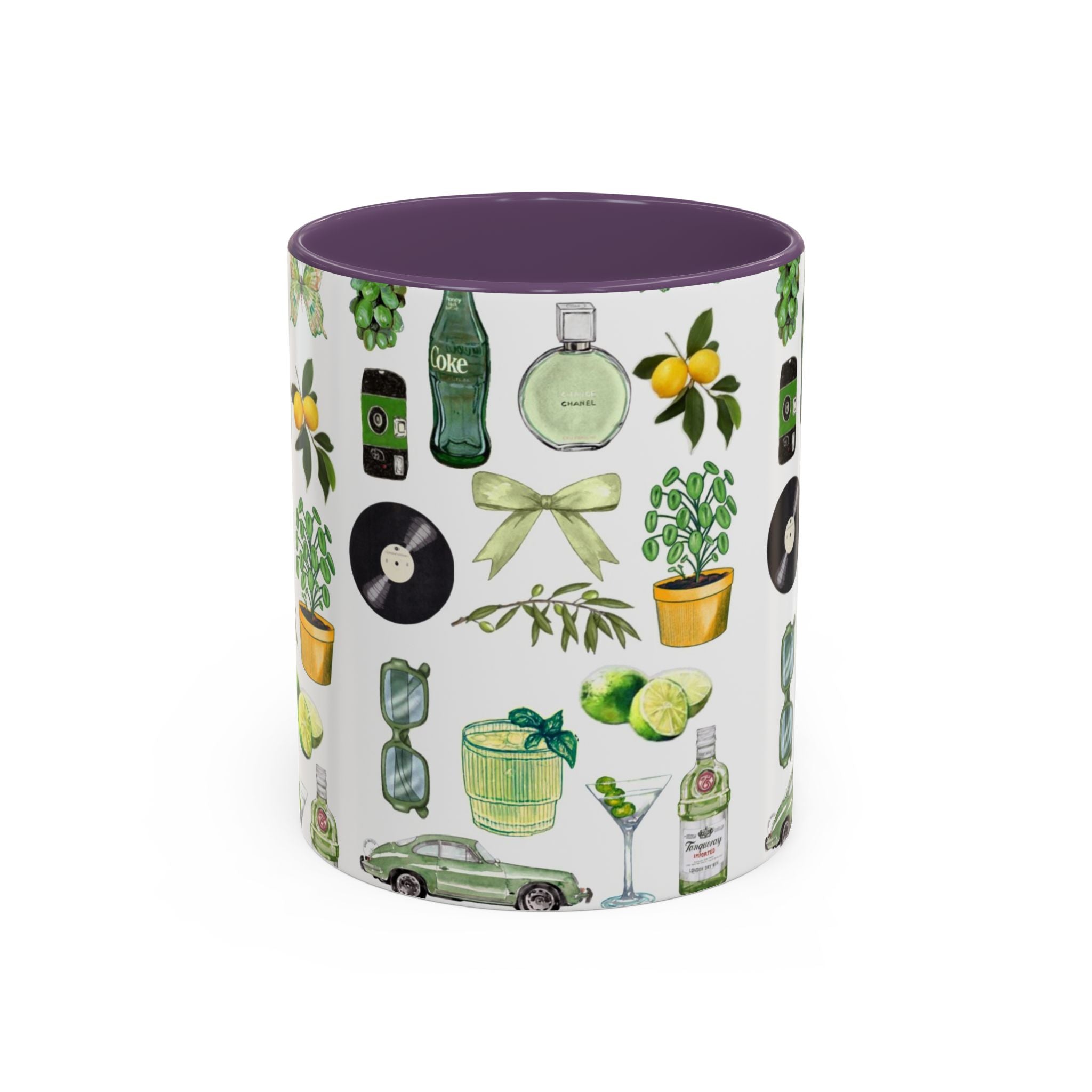 Green Aesthetic Accent Coffee Mug — Botanical & Retro Icons Pattern (11/15oz)