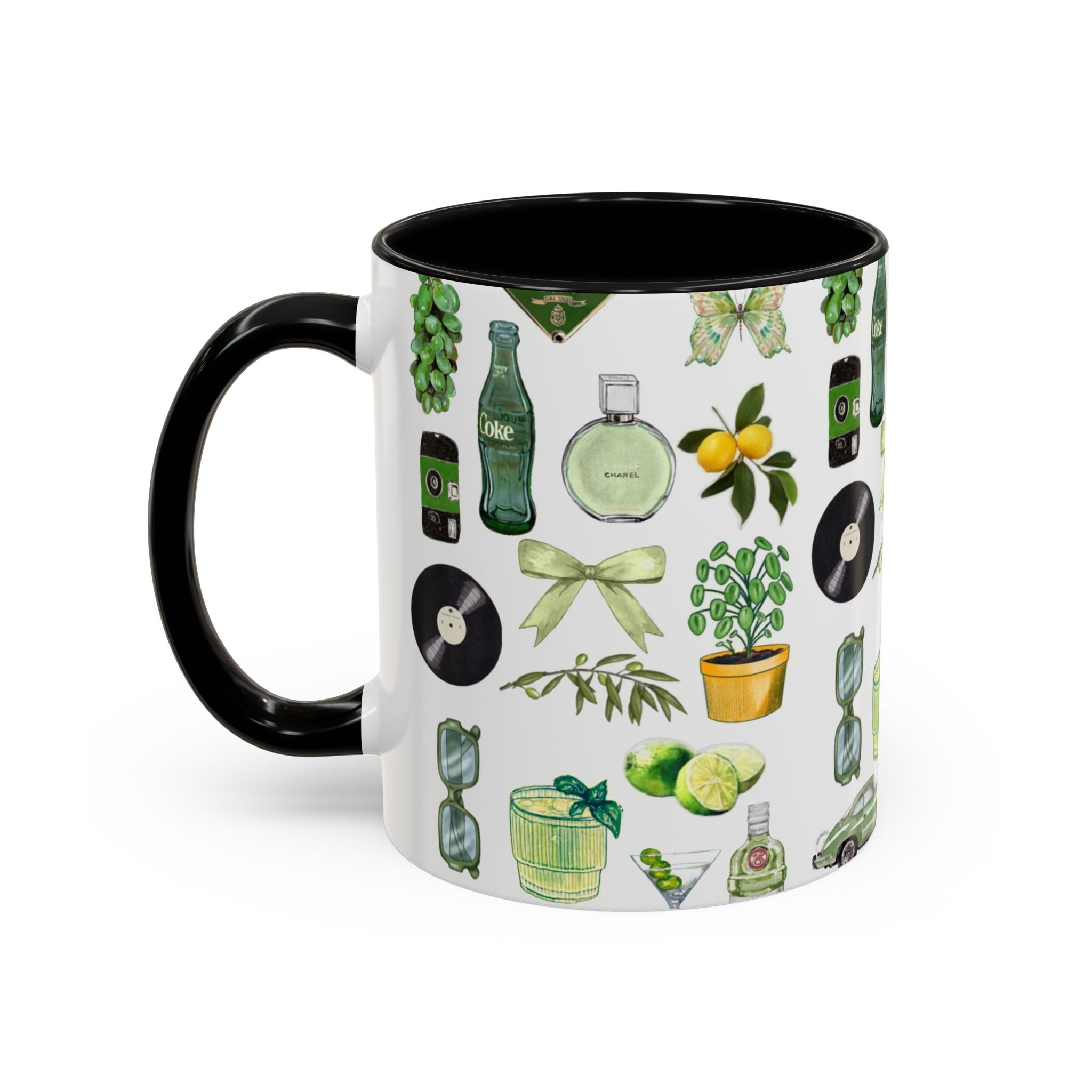 Green Aesthetic Accent Coffee Mug — Botanical & Retro Icons Pattern (11/15oz)